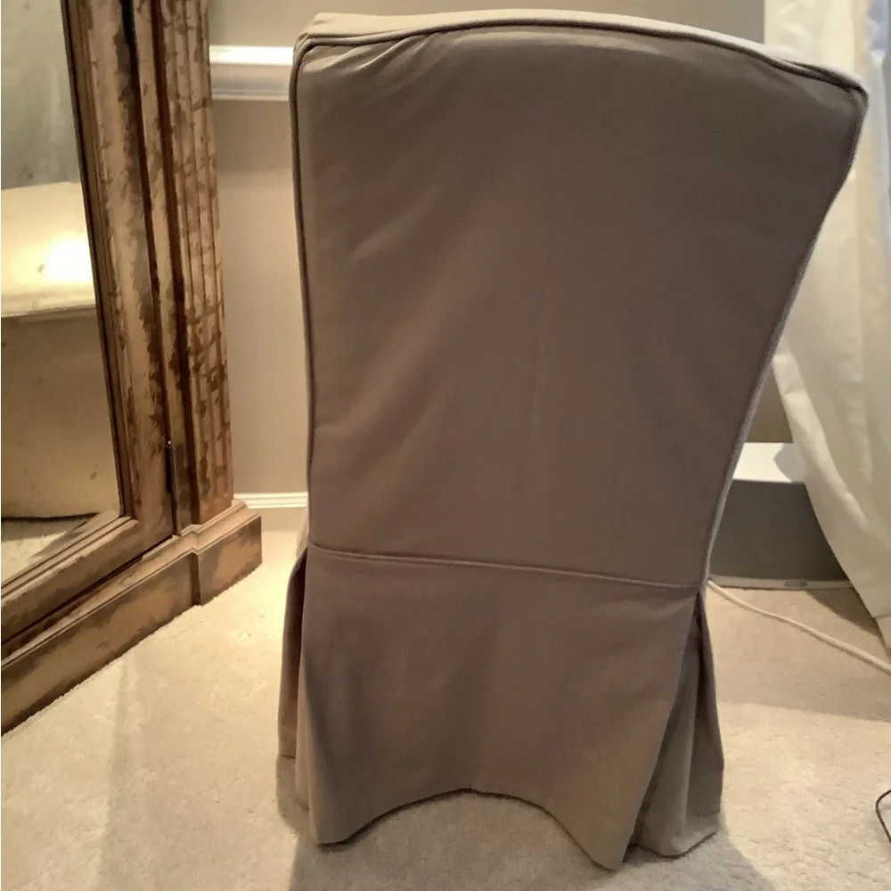 BALLARD DESIGN TAUPE TWILL PARSONS CHAIR COVER. WHITE EMBROIDERED “C”